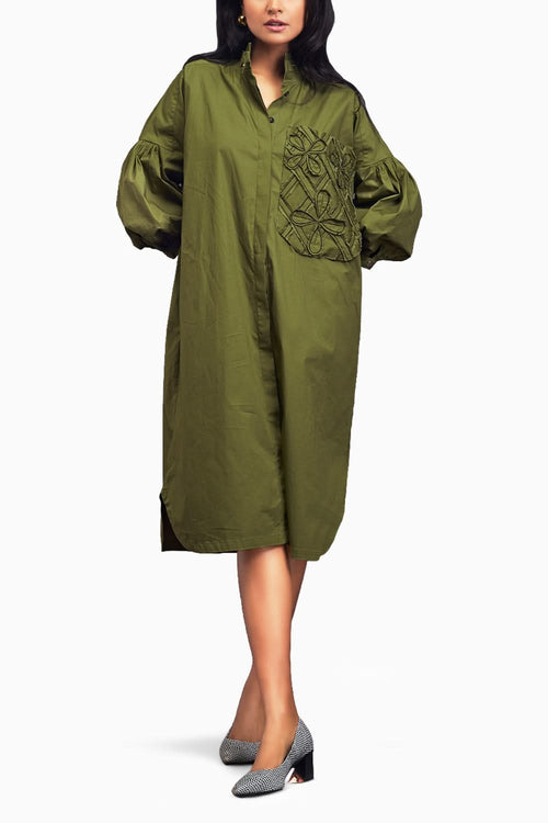 Green Oversized Shirt Dress With Embroidered Pocket