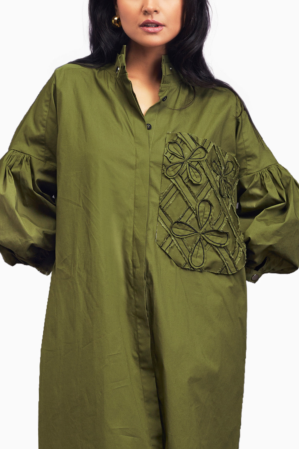 Green Oversized Shirt Dress With Embroidered Pocket