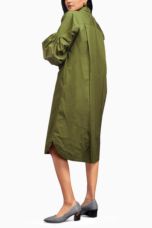 Green Oversized Shirt Dress With Embroidered Pocket