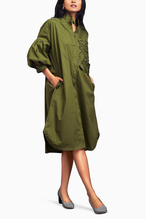 Green Oversized Shirt Dress With Embroidered Pocket