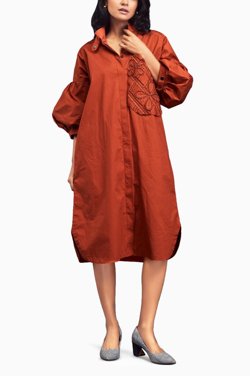 Rust Oversized Shirt Dress With Embroidered Pocket