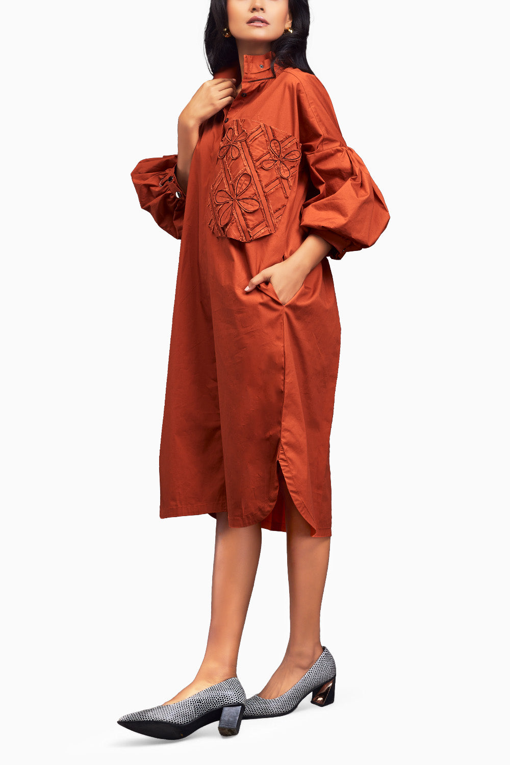 Rust Oversized Shirt Dress With Embroidered Pocket