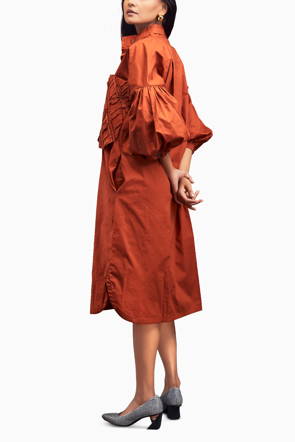 Rust Oversized Shirt Dress With Embroidered Pocket