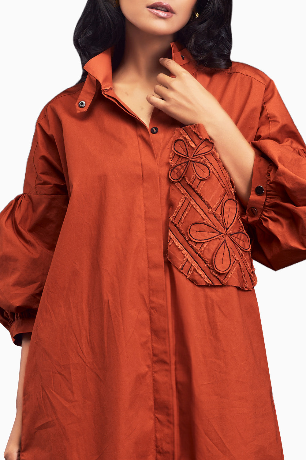 Rust Oversized Shirt Dress With Embroidered Pocket