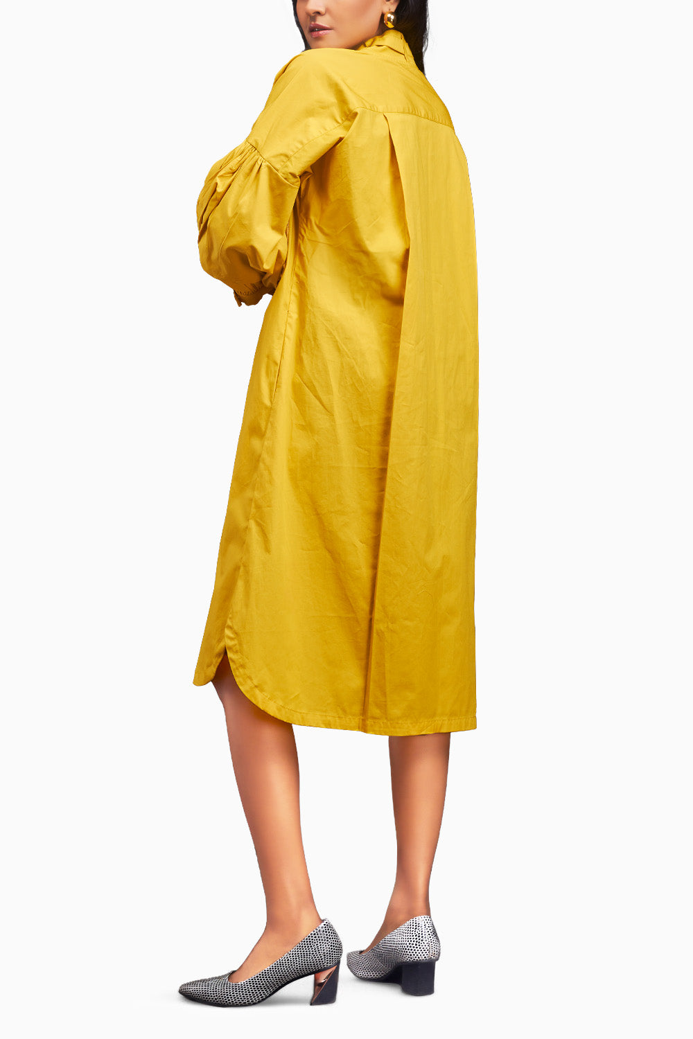 Yellow Oversized Shirt Dress With Embroidered Pocket