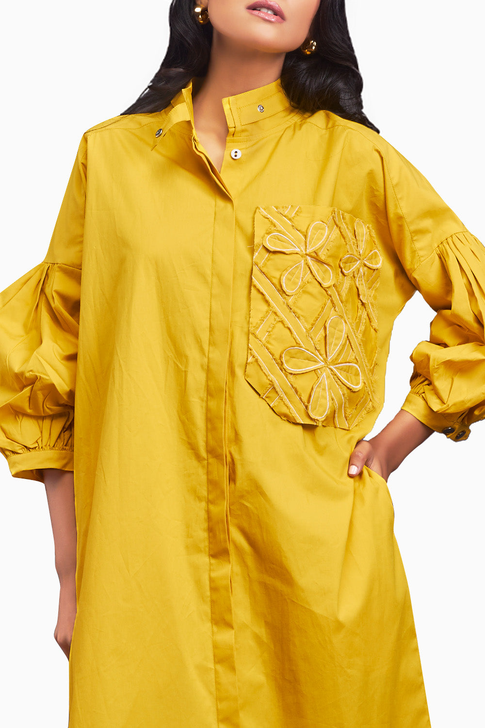 Yellow Oversized Shirt Dress With Embroidered Pocket