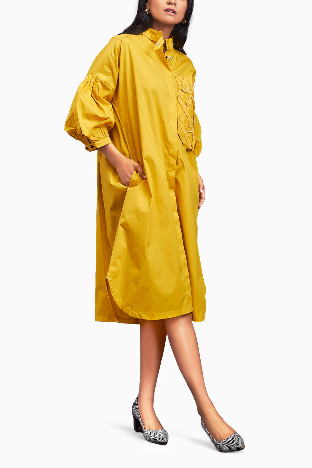 Yellow Oversized Shirt Dress With Embroidered Pocket