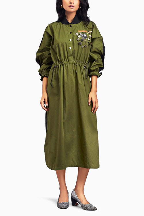 Green & Black Oversized Ruched Waist Dress