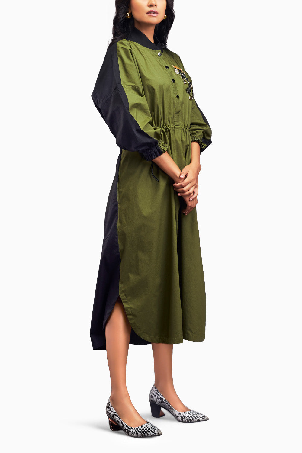 Green & Black Oversized Ruched Waist Dress