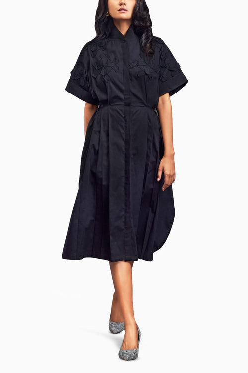 Black Pleated Oversized Shirt Dress With Patchwork