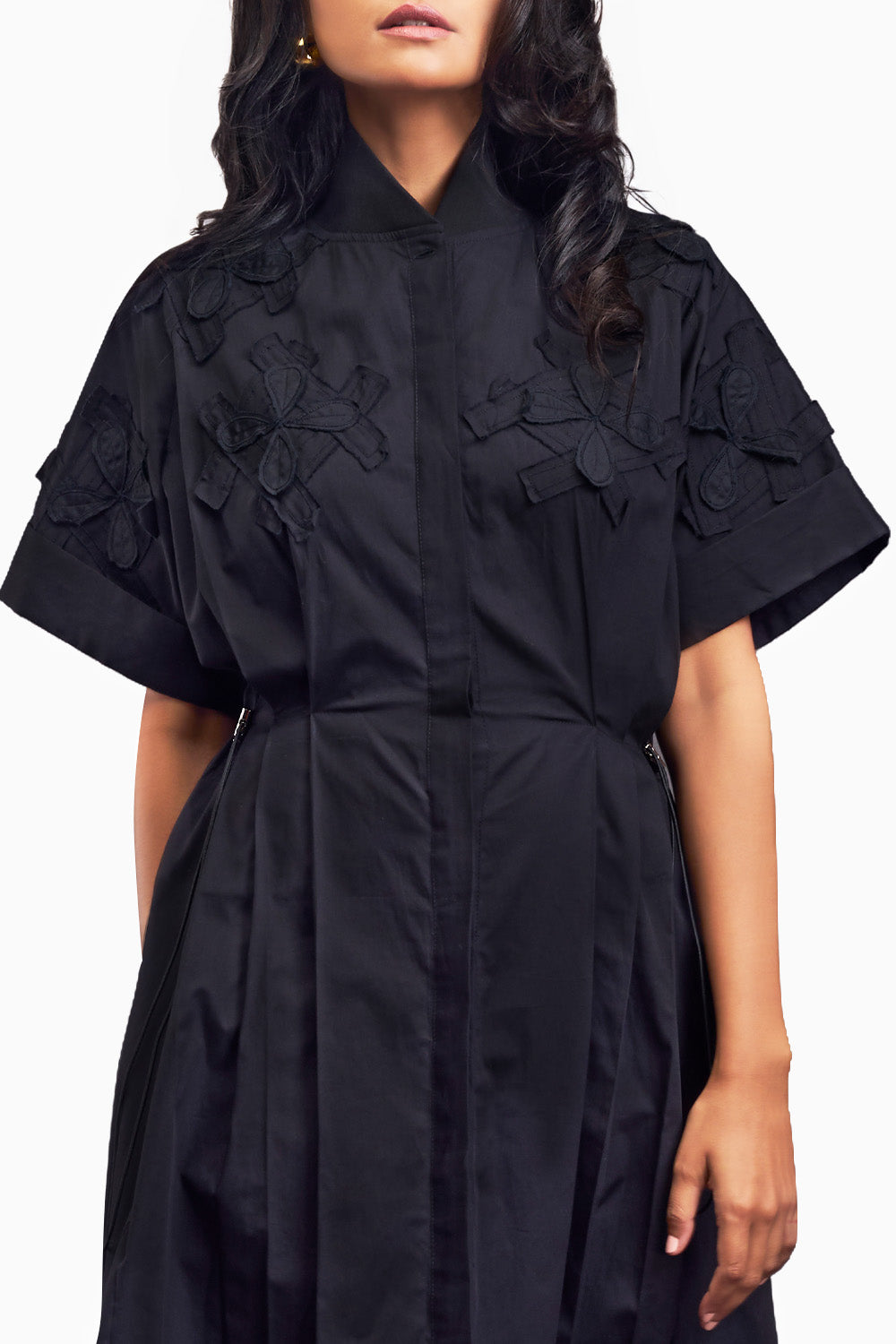 Black Pleated Oversized Shirt Dress With Patchwork