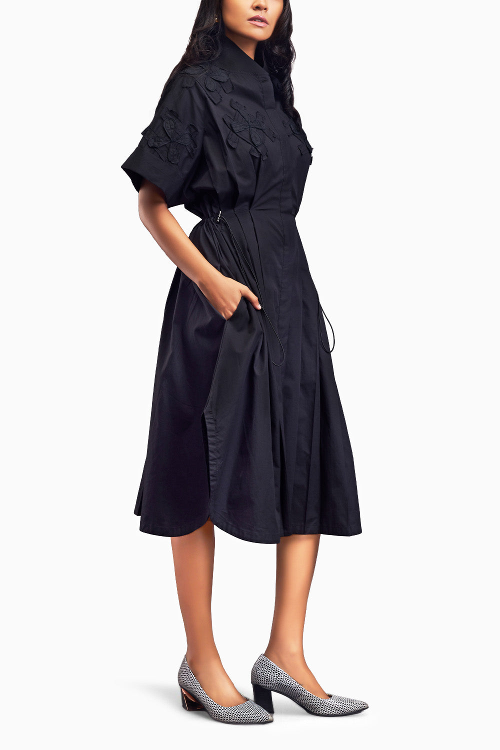 Black Pleated Oversized Shirt Dress With Patchwork