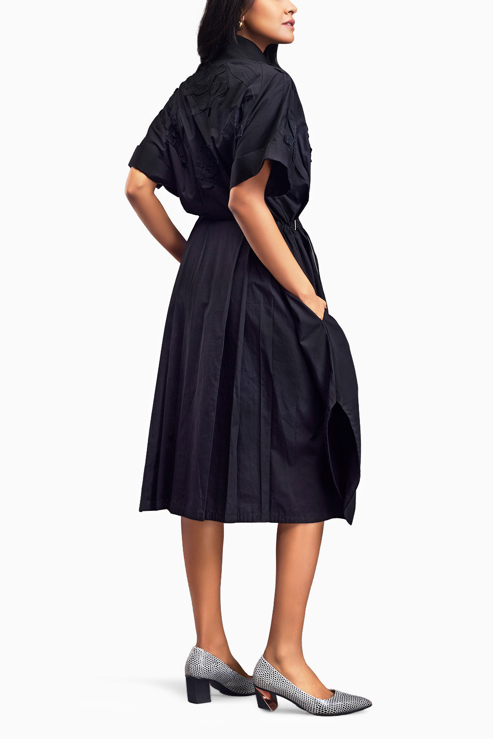 Black Pleated Oversized Shirt Dress With Patchwork