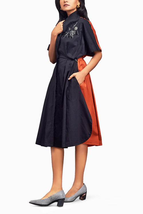Black & Rust Pleated Oversized Shirt Dress With Patchwork