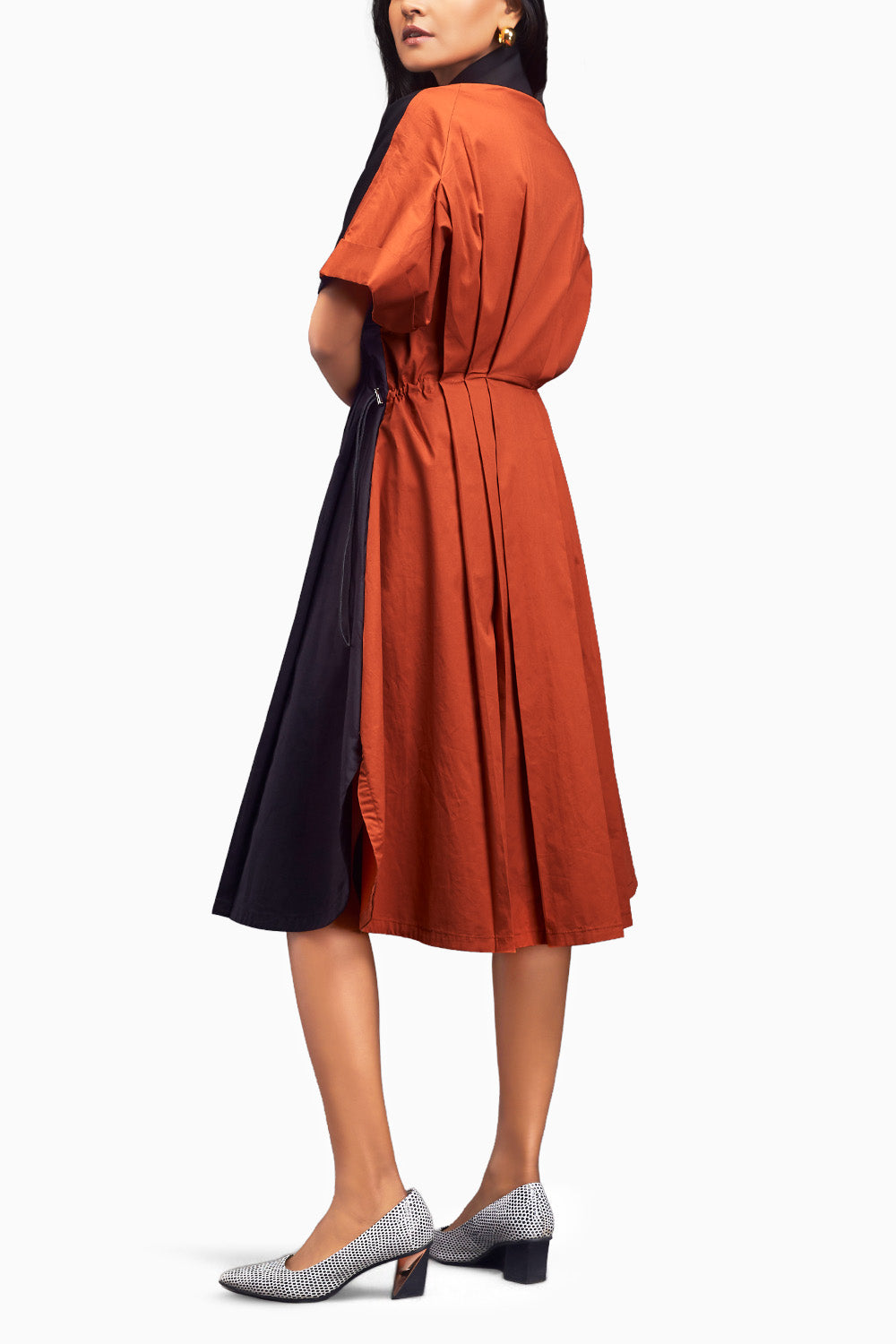 Black & Rust Pleated Oversized Shirt Dress With Patchwork