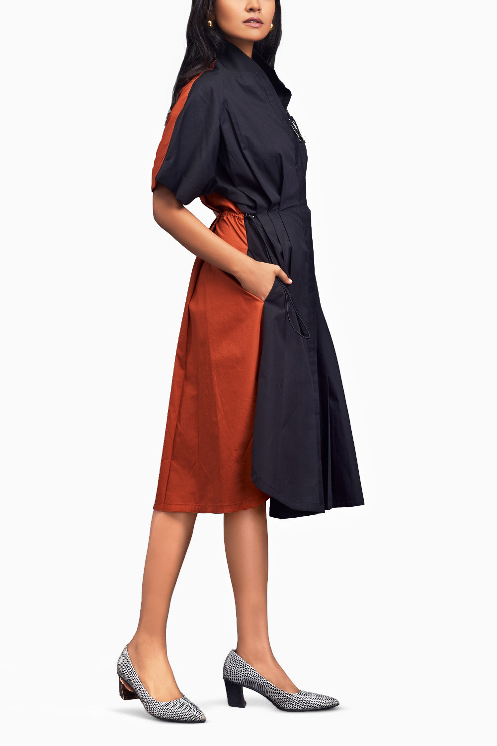 Black & Rust Pleated Oversized Shirt Dress With Patchwork