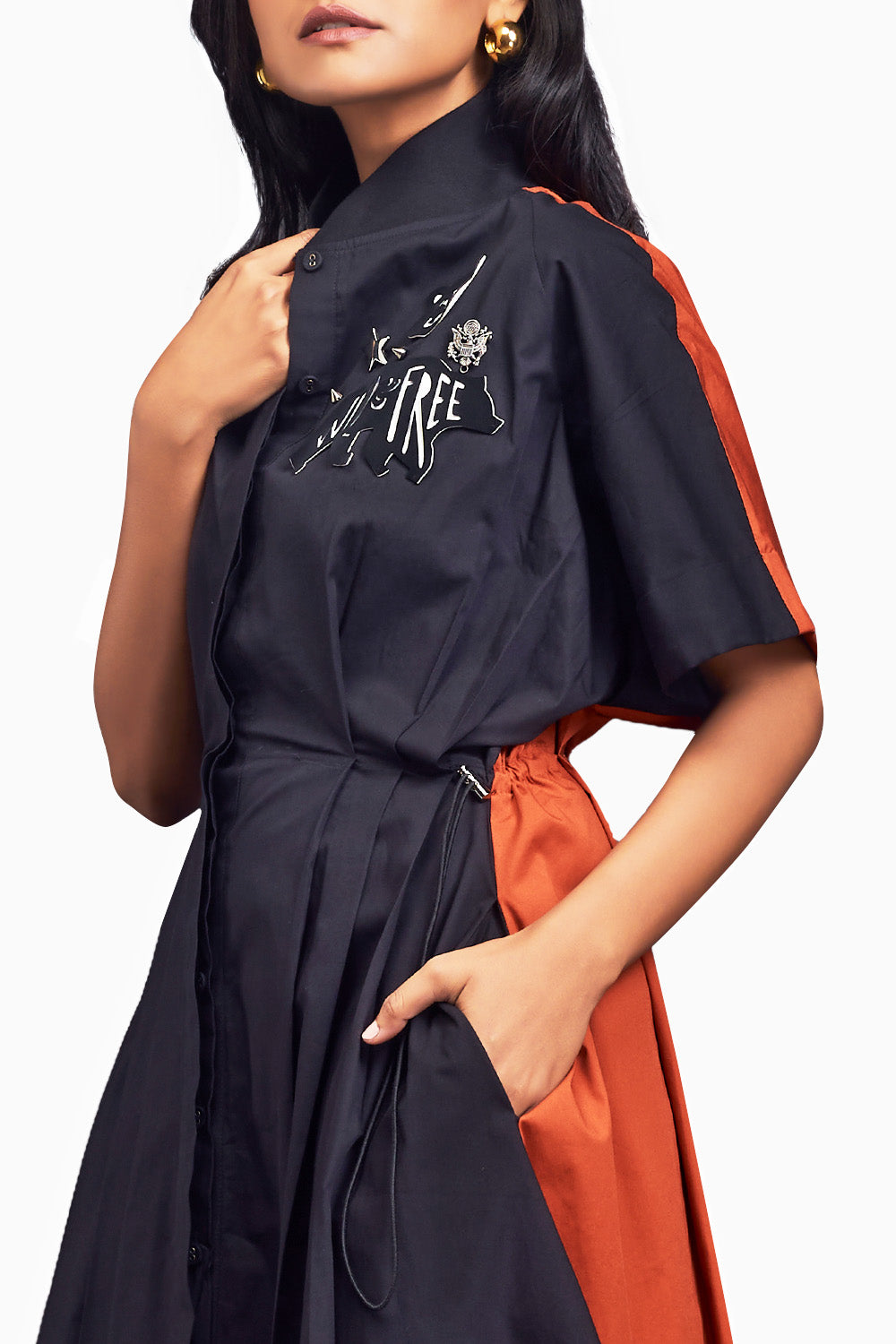 Black & Rust Pleated Oversized Shirt Dress With Patchwork