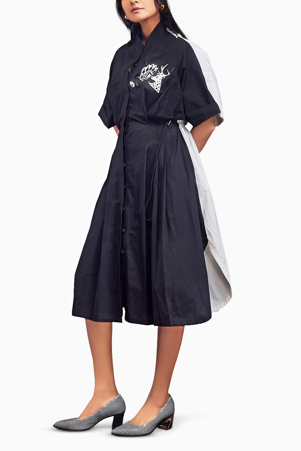 Black & White Pleated Oversized Shirt Dress With Patchwork