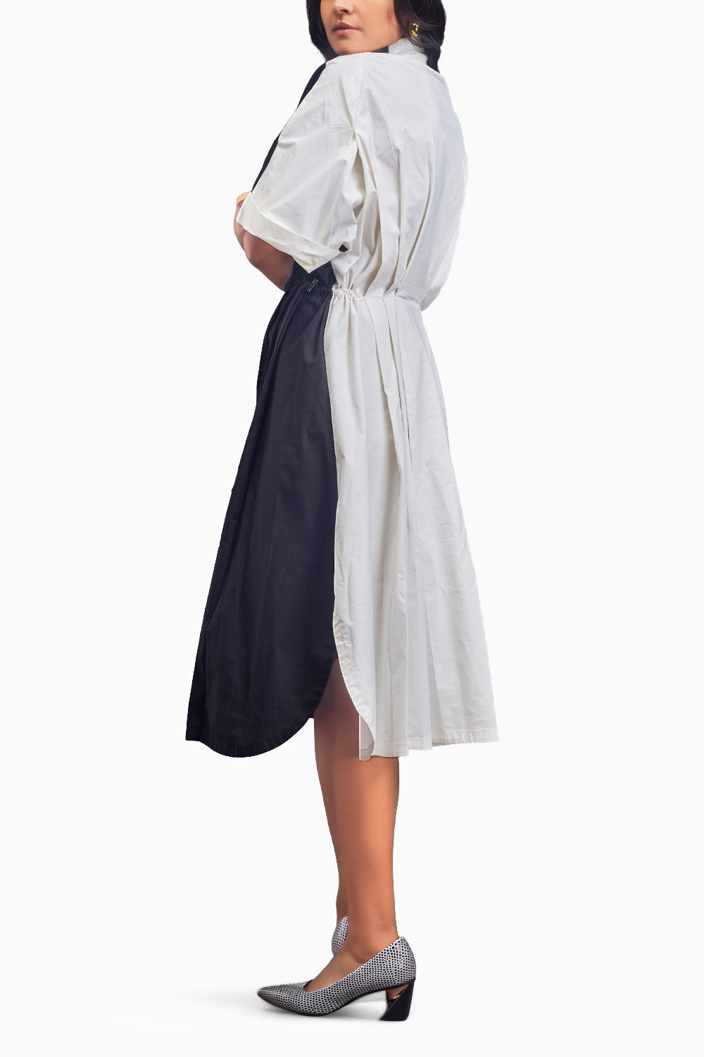 Black & White Pleated Oversized Shirt Dress With Patchwork