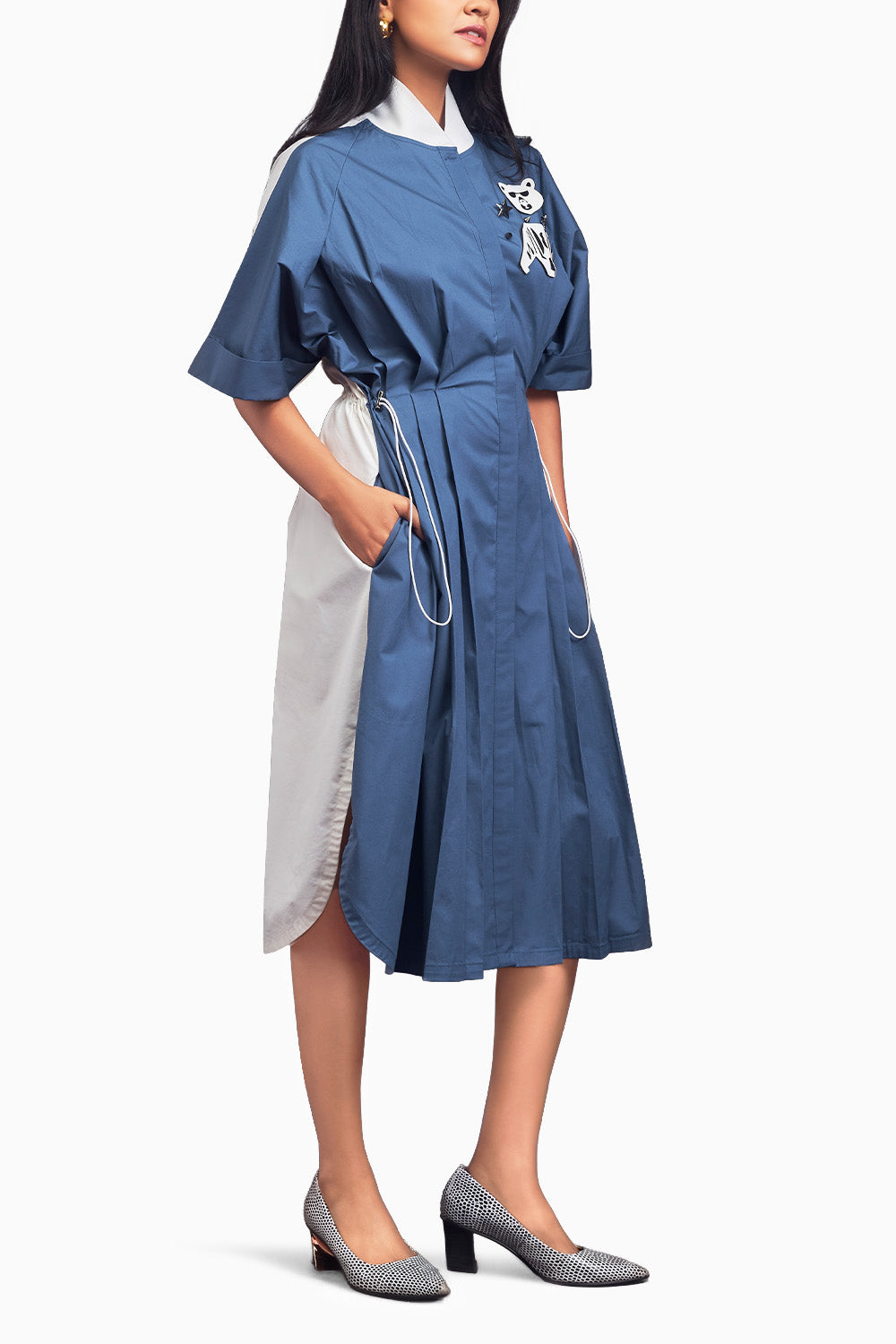 Blue & White Pleated Oversized Shirt Dress With Patchwork