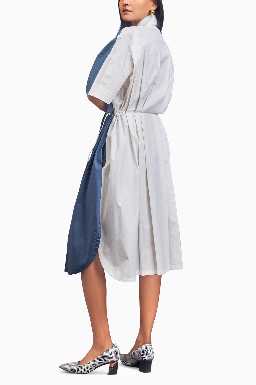 Blue & White Pleated Oversized Shirt Dress With Patchwork