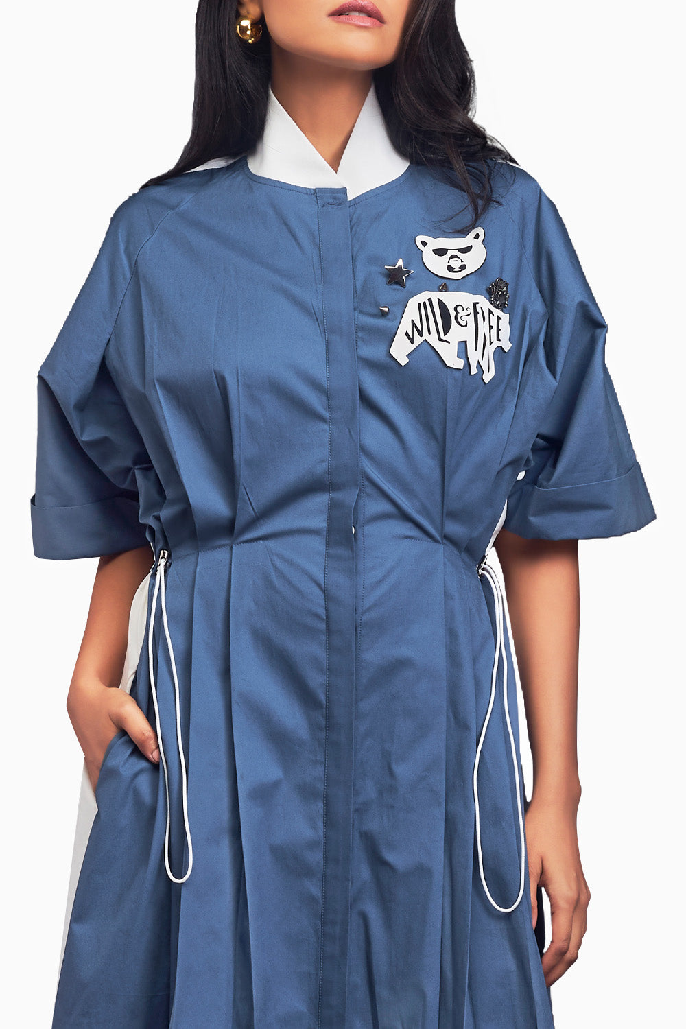 Blue & White Pleated Oversized Shirt Dress With Patchwork