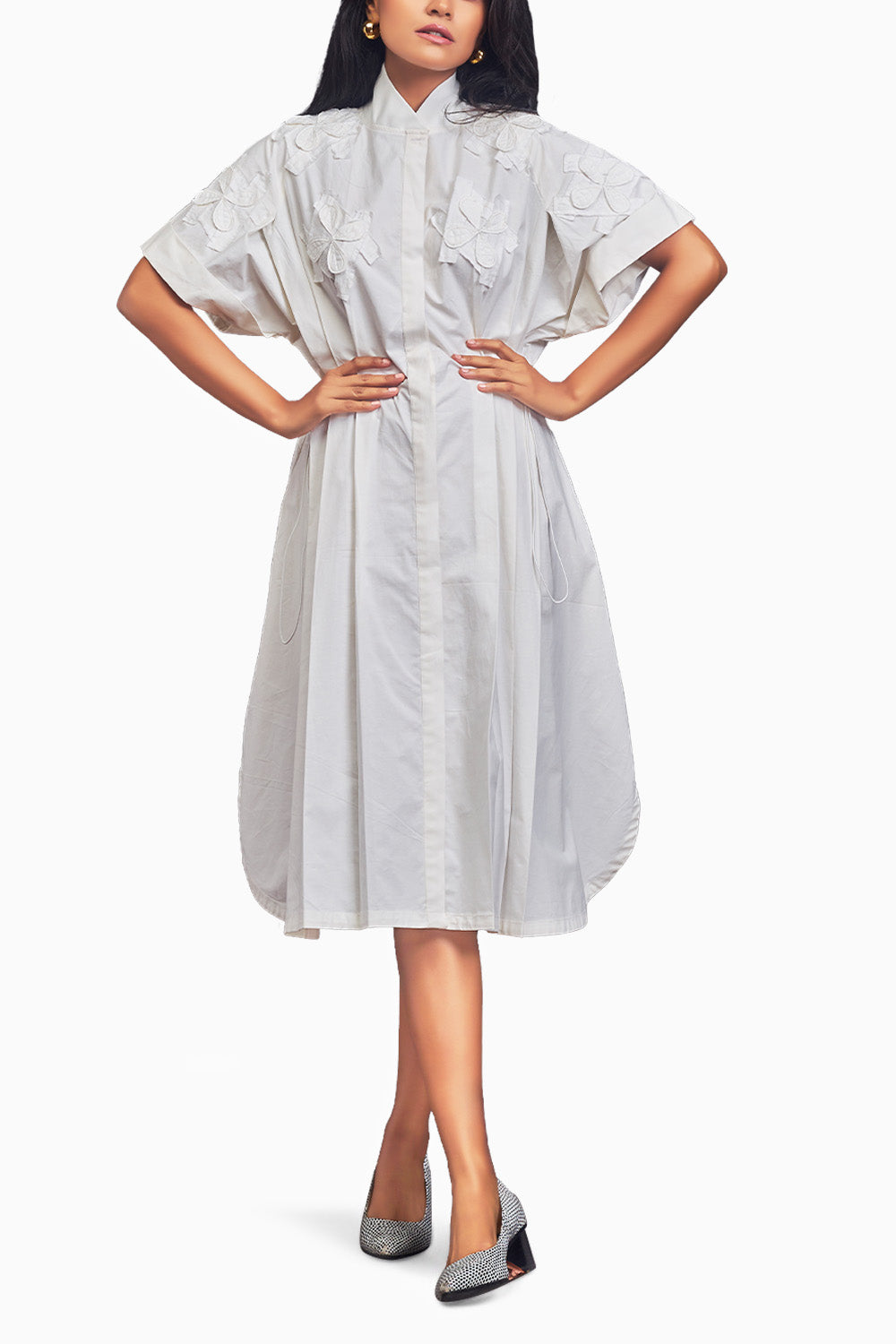 White Pleated Oversized Shirt Dress With Patchwork