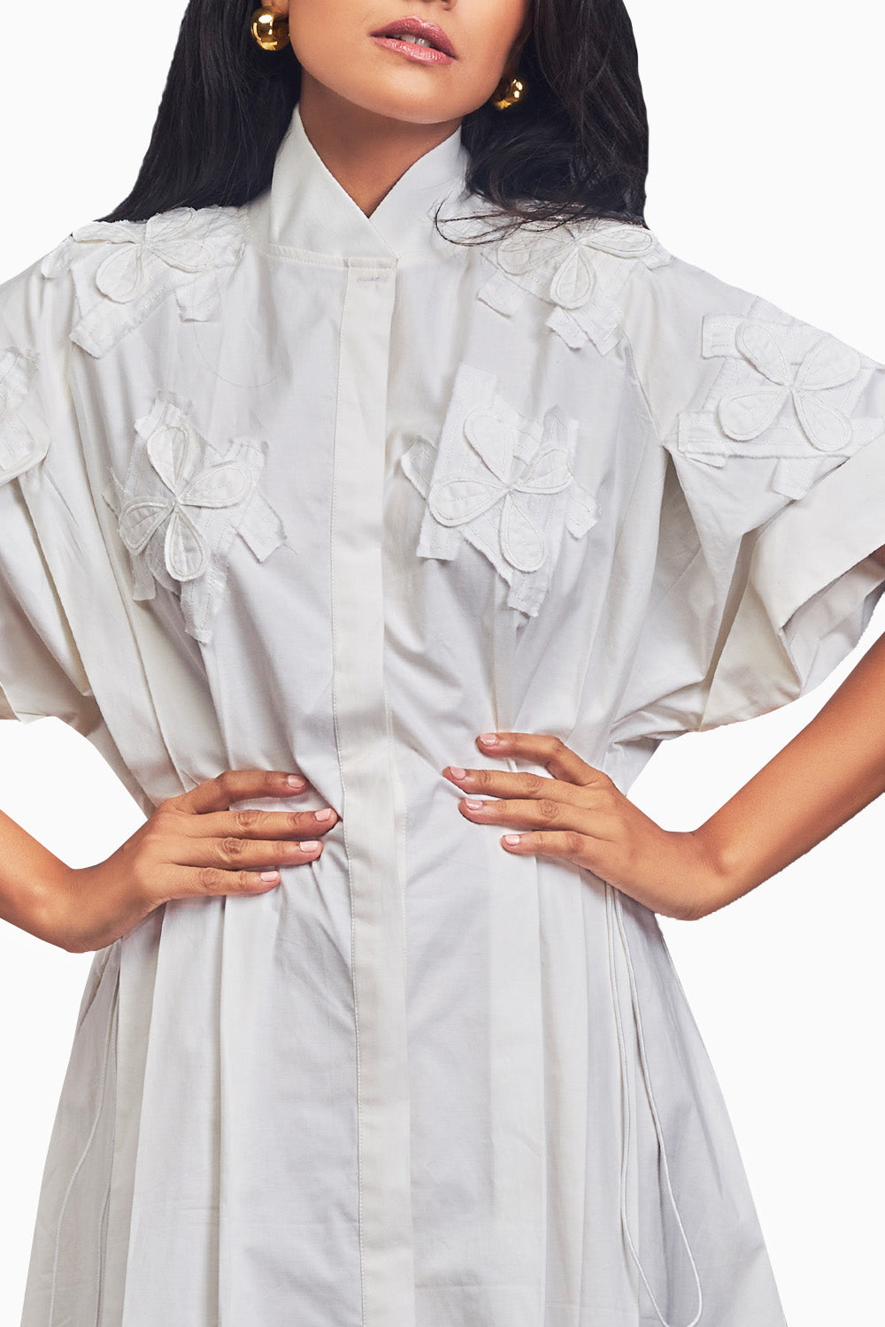 White Pleated Oversized Shirt Dress With Patchwork