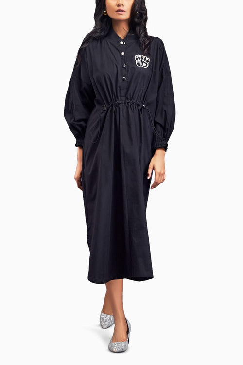 Black Oversized Dress With Ruched Detailing On The Waist