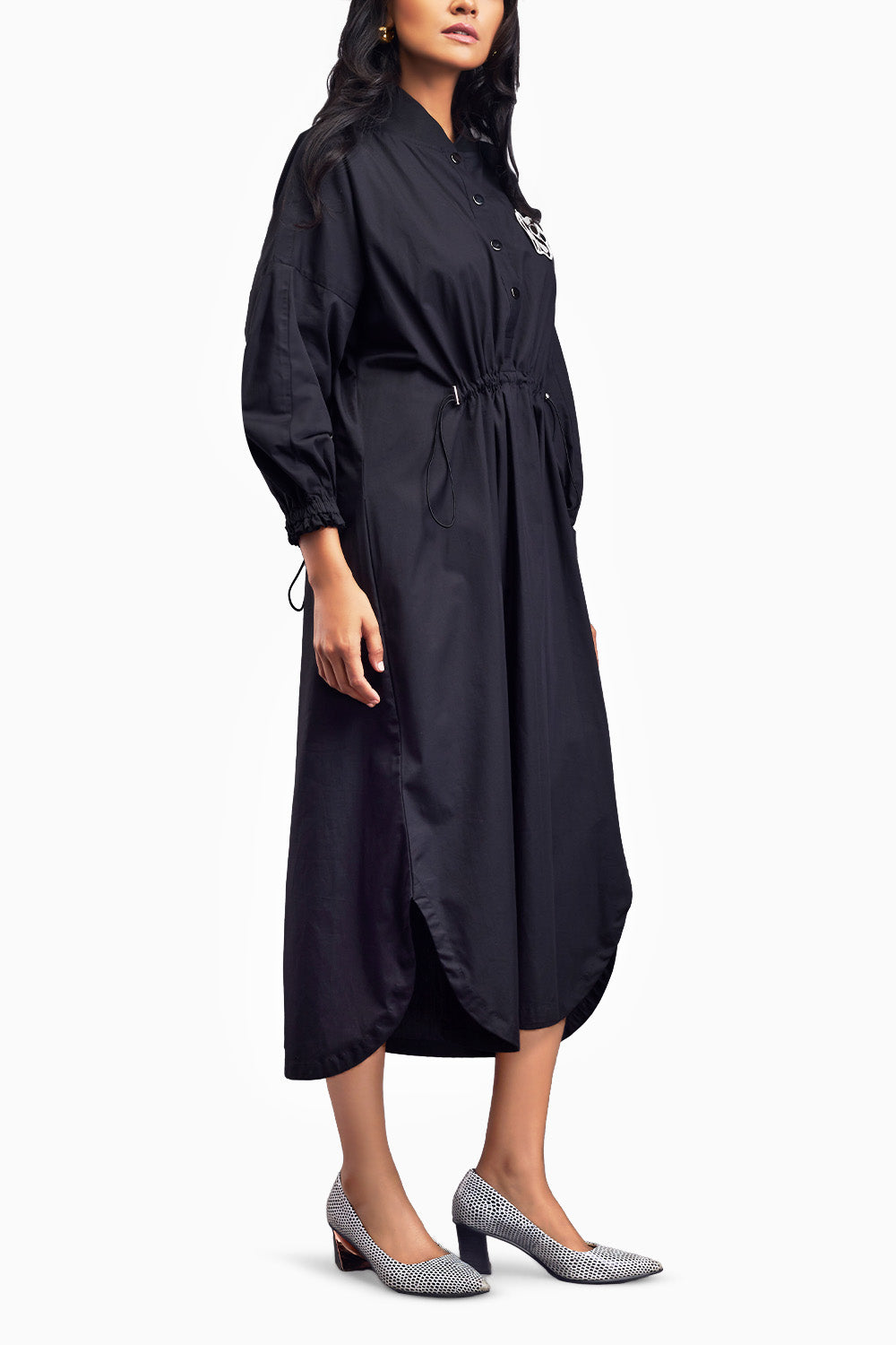 Black Oversized Dress With Ruched Detailing On The Waist