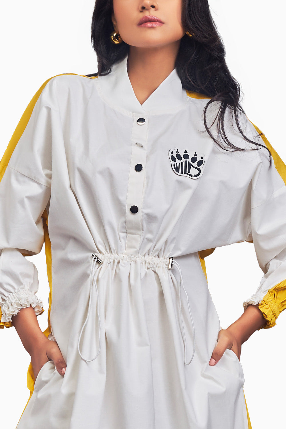 White & Yellow Oversized Dress With Ruched Detailing On The Waist