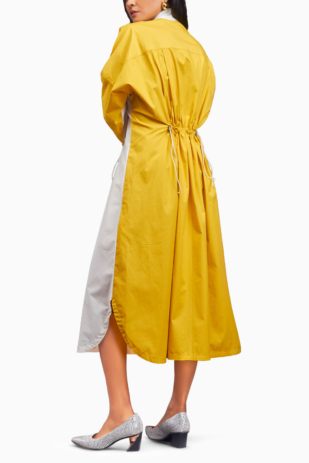 White & Yellow Oversized Dress With Ruched Detailing On The Waist