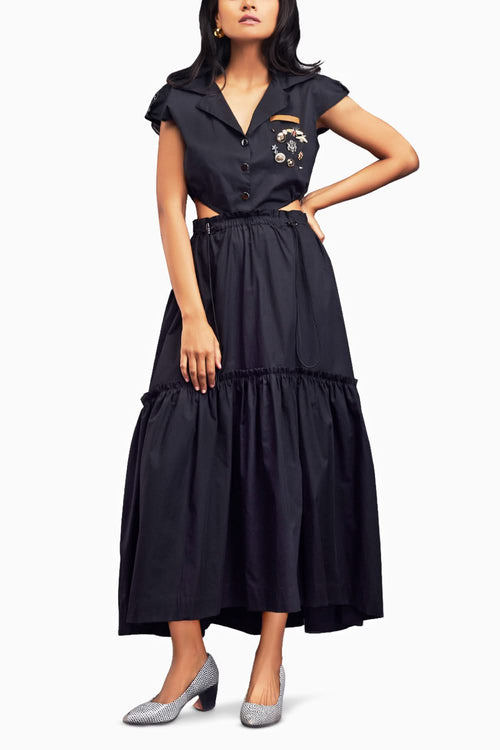 Black Lapel Collar Long Dress With Side Cutouts