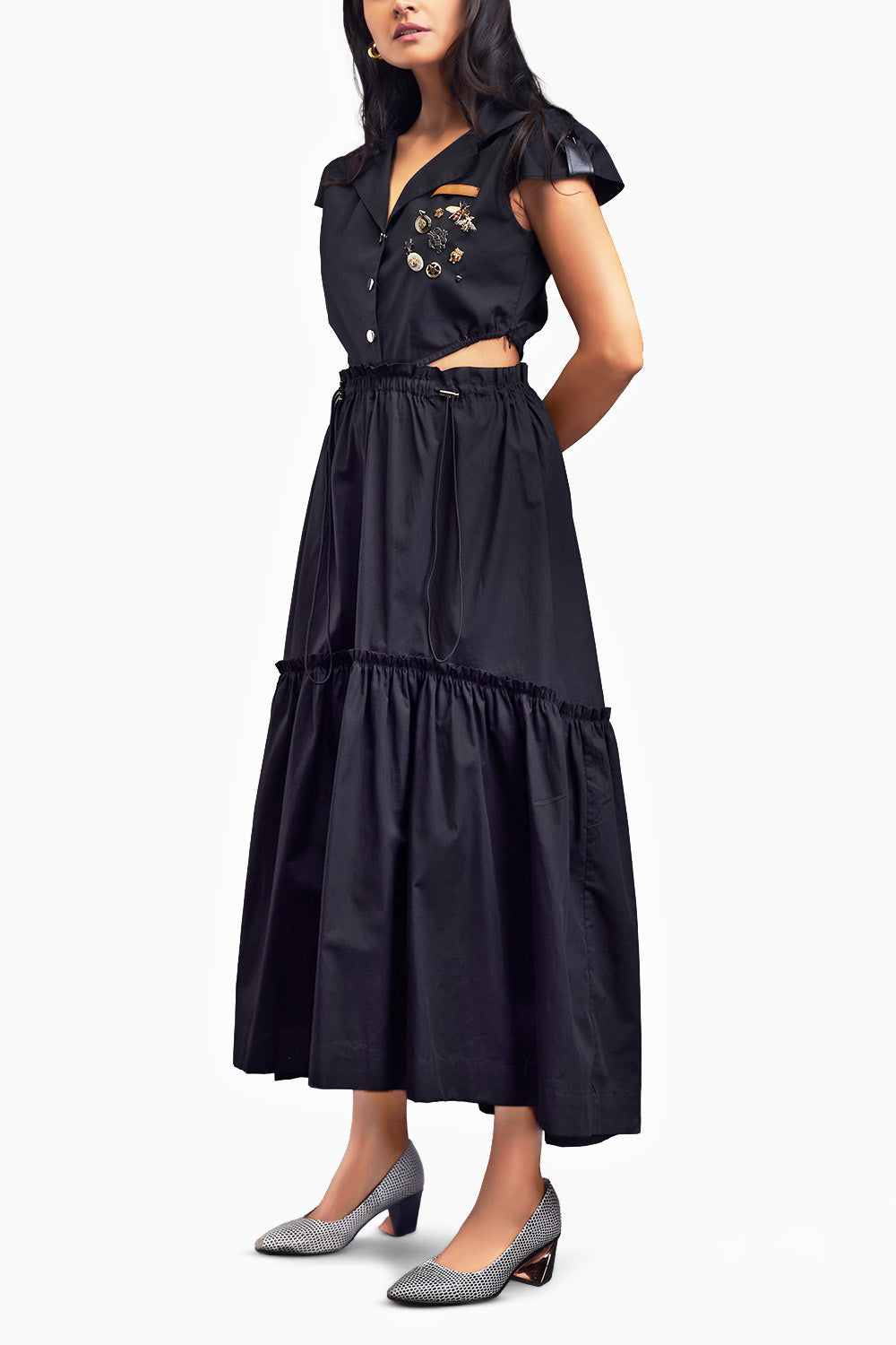 Black Lapel Collar Long Dress With Side Cutouts