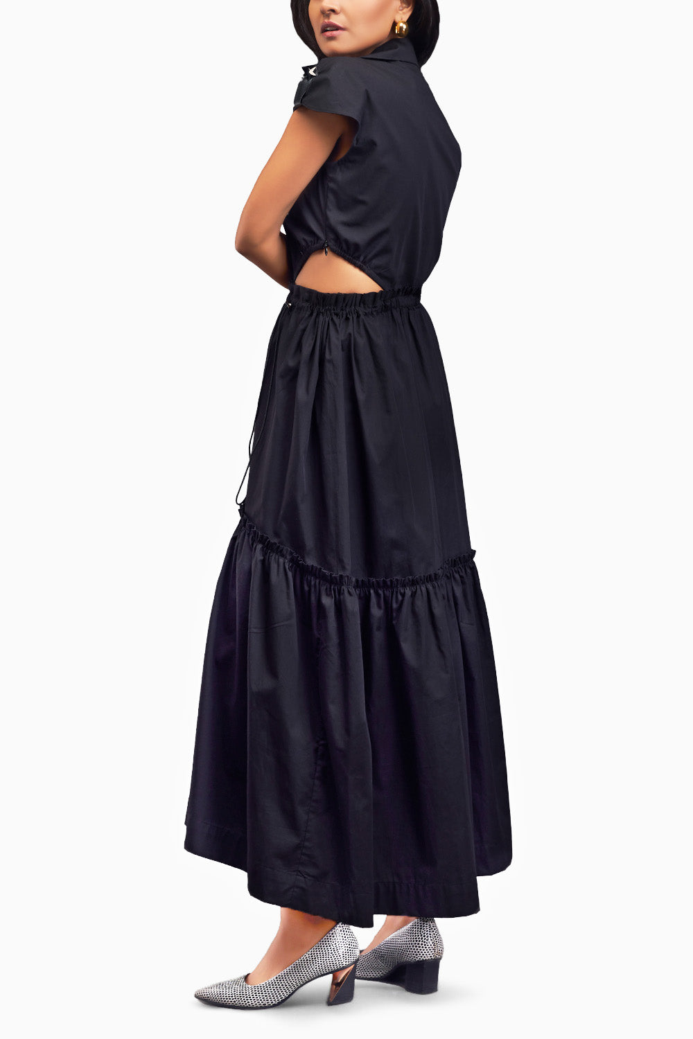 Black Lapel Collar Long Dress With Side Cutouts