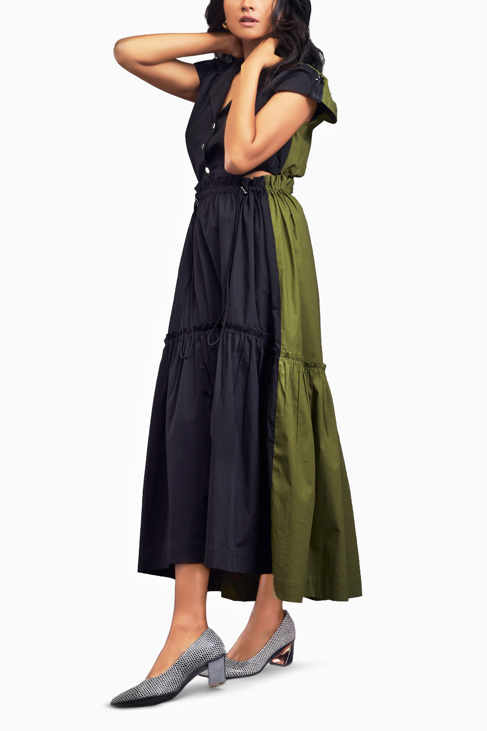 Black & Green Lapel Collar Long Dress With Side Cutouts