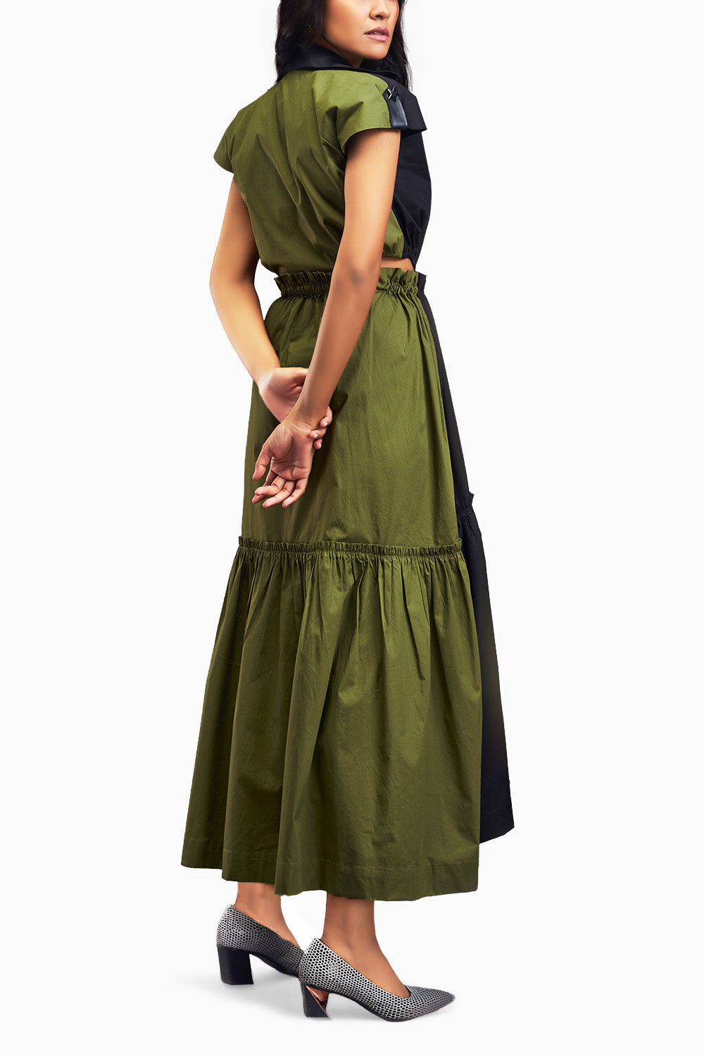 Black & Green Lapel Collar Long Dress With Side Cutouts