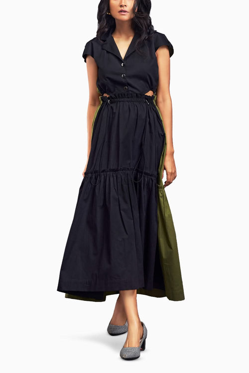 Black & Green Lapel Collar Long Dress With Side Cutouts
