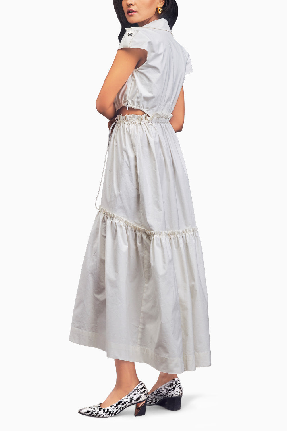 White Lapel Collar Long Dress With Side Cutouts