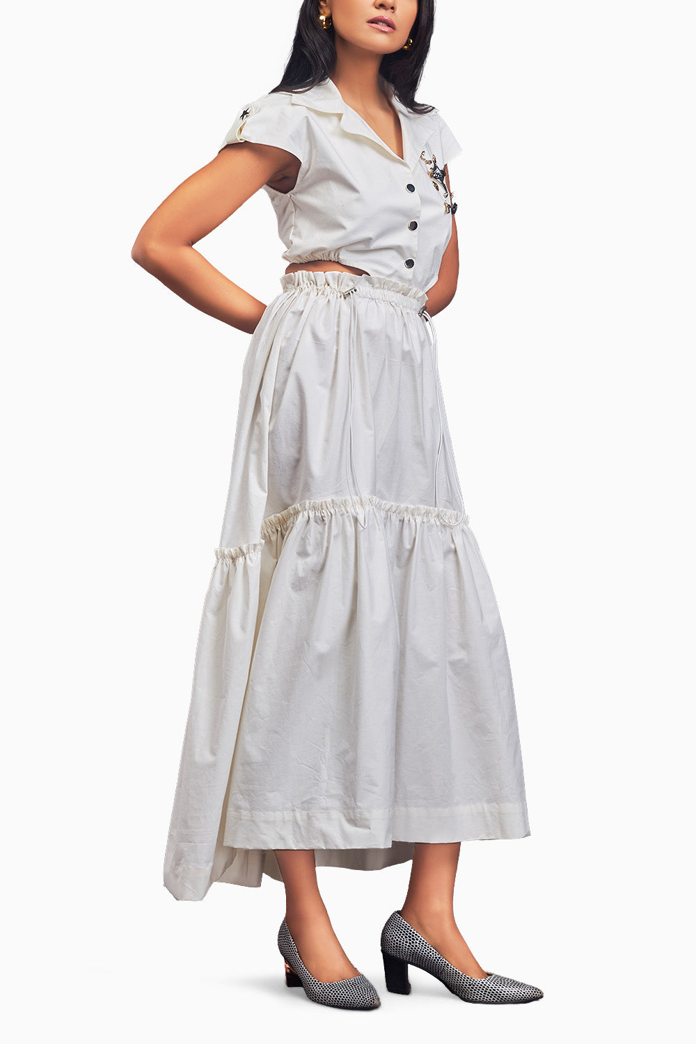 White Lapel Collar Long Dress With Side Cutouts