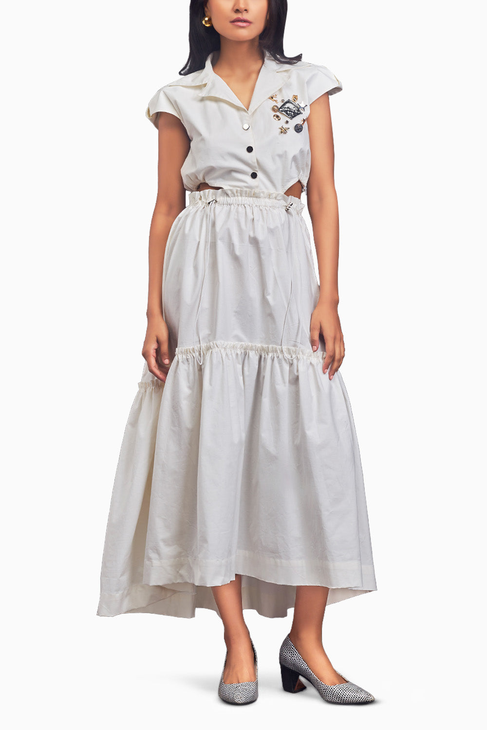 White Oversized Dress With Ruched Detailing On The Waist