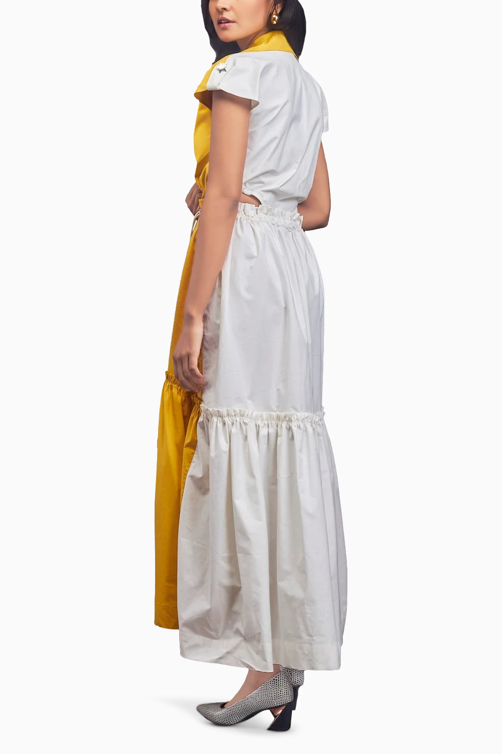 Yellow Lapel Collar Long Dress With Side Cutouts