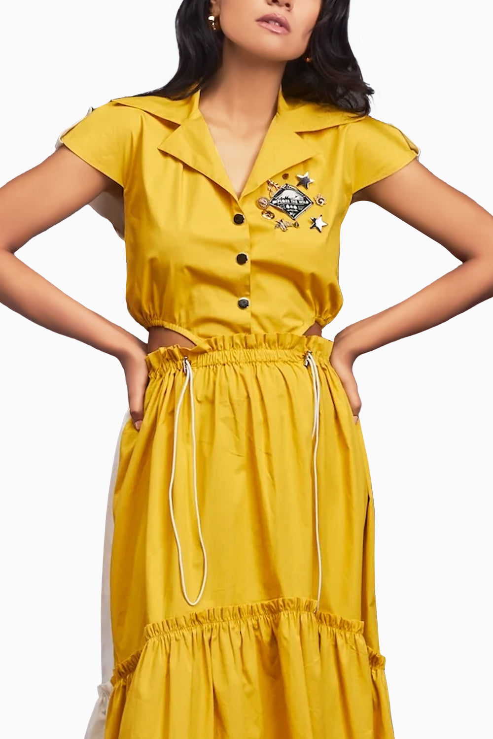 Yellow Lapel Collar Long Dress With Side Cutouts