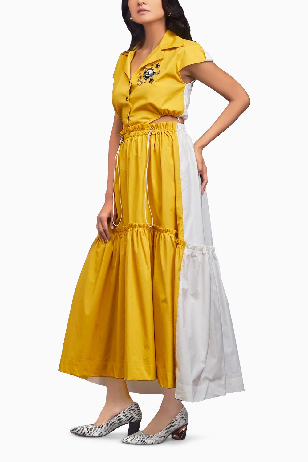 Yellow Lapel Collar Long Dress With Side Cutouts