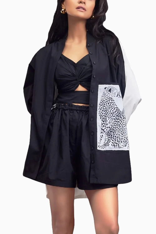 Black & White Oversized Shirt & Shorts Co-ord Set With Patchwork