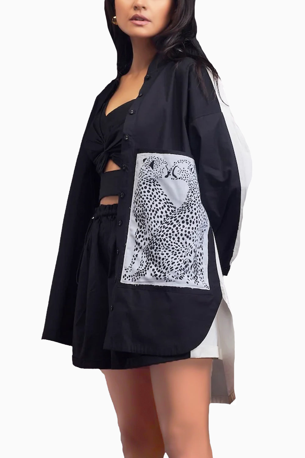 Black & White Oversized Shirt & Shorts Co-Ord Set With Patchwork