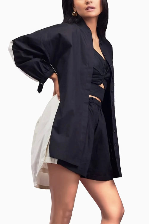 Black & White Oversized Shirt & Shorts Co-ord Set With Patchwork