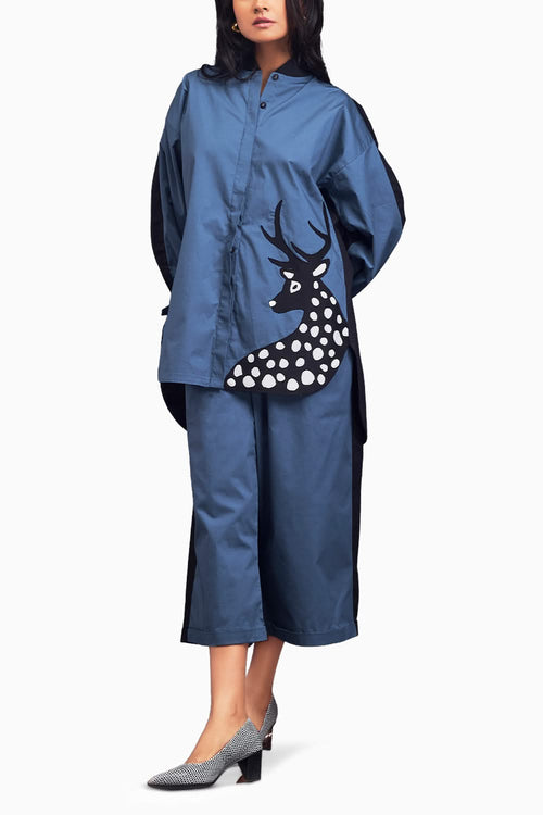 Blue High-Low Shirt & Pants Co-ord Set With Patchwork