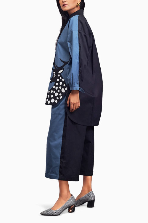 Blue High-Low Shirt & Pants Co-ord Set With Patchwork