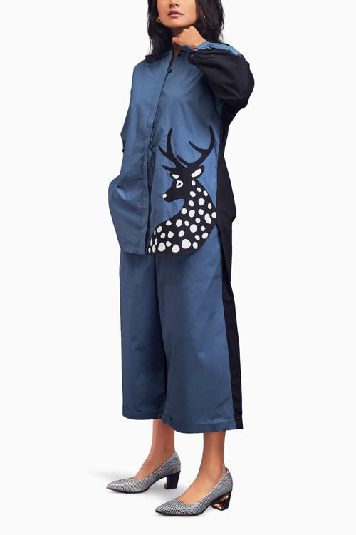 Blue High-Low Shirt & Pants Co-ord Set With Patchwork
